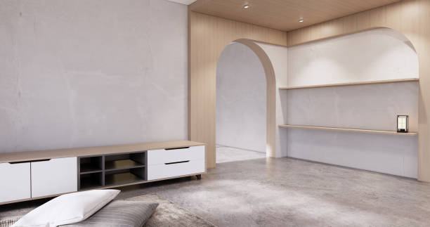 istock Wooden cabinet in Muji empty room, Japandi minimal designs. 3D rendering 1442825546