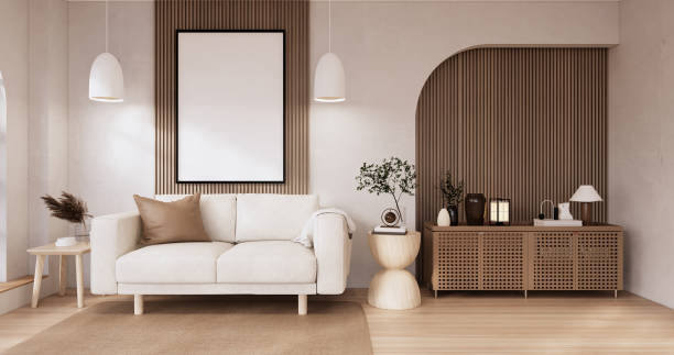 istock Muji sofa and decoration wabisabi on japandi room interior .3D rendering 1442825579