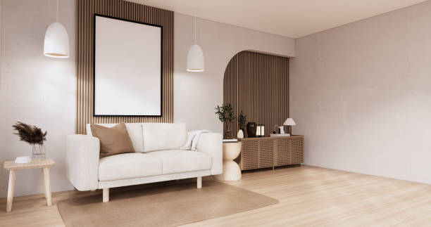 istock Muji sofa and decoration wabisabi on japandi room interior .3D rendering 1442825581