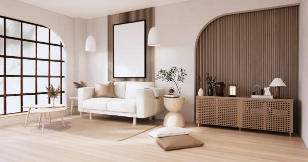 istock Muji sofa and decoration wabisabi on japandi room interior .3D rendering 1442825595