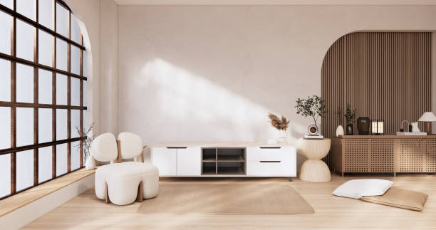 istock Wooden cabinet in Muji empty room, Japandi minimal designs. 3D rendering 1442825611