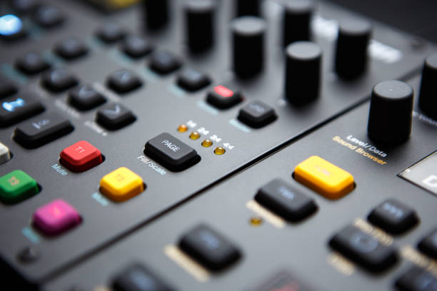 istock Synthesizer for electronic music production. Professional beat machine for composer. Digital synth device in sound recording studio. 1442825755