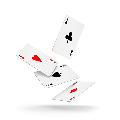 Four aces of diamonds, clubs, spades and hearts fall or fly on white background. Set of four aces deck of cards for playing poker and casino. Vector illustration