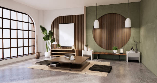 istock Japandi room interior and low table and armchair wabisabi style.3D rendering 1442825842