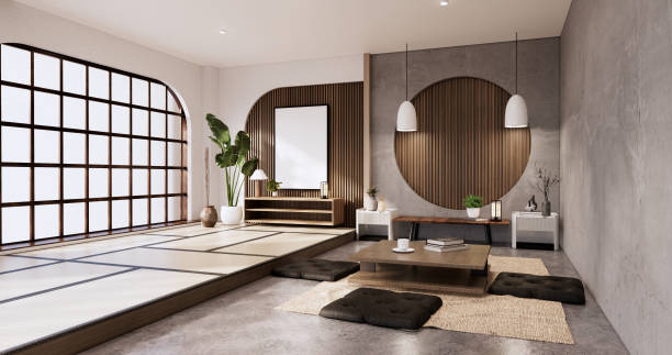 istock Japandi room interior and low table and armchair wabisabi style.3D rendering 1442825944