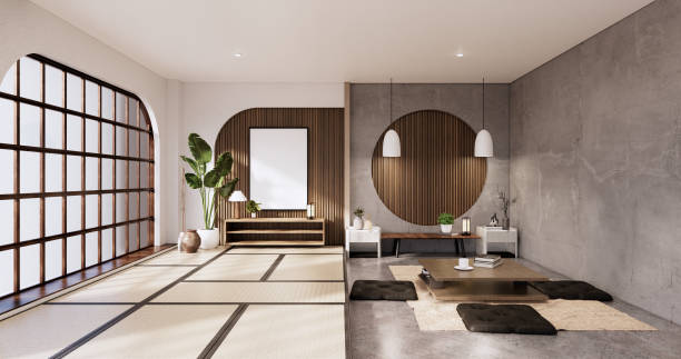 istock Japandi room interior and low table and armchair wabisabi style.3D rendering 1442825952