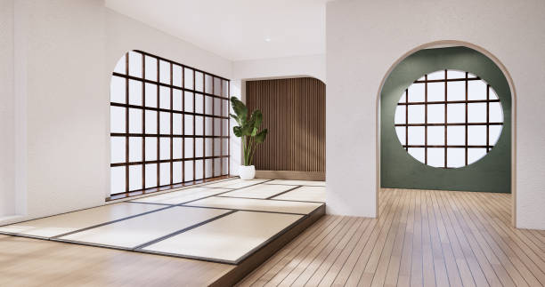 istock Muji style, Empty wooden room,Cleaning japandi room interior, 3D rendering 1442825969