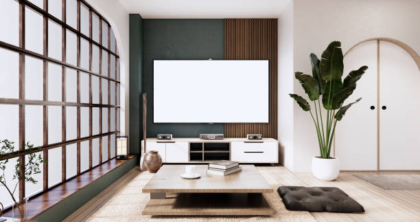 istock Japandi room interior and low table and armchair wabisabi style.3D rendering 1442825994
