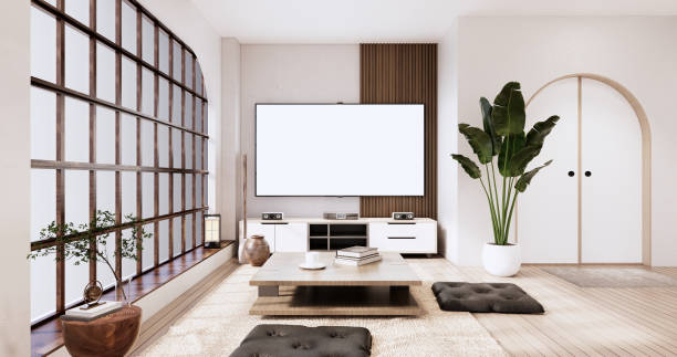 istock Japandi room interior and low table and armchair wabisabi style.3D rendering 1442826068