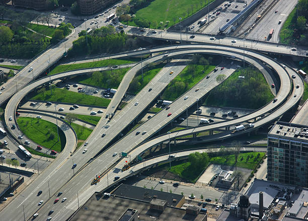 Highway junction Aerial view of an elevated highway junction in Chicago, Illinois chicago smog stock pictures, royalty-free photos & images