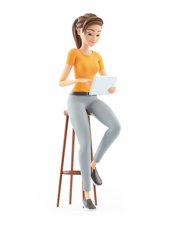 3d woman sitting on stool with tablet, illustration isolated on white background