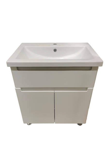 istock Ceramic hand basin with vanity unit in minimalist style on isolated white background, studio shot, front view 1442827994