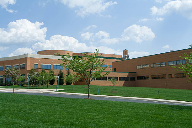 New Red Brick Office Building in Suburban Maryland Blue Sky stock photo