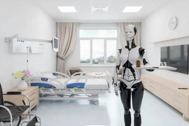 Assistant robot in a hospital room.