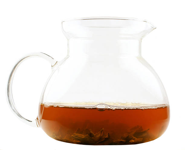 teapot with green tea on white stock photo