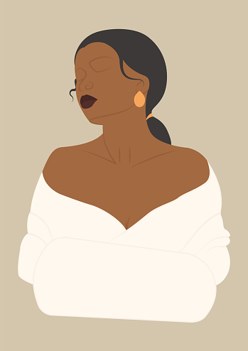 Young woman holding an ermine muff. Vector lady in warm white cloth color art. Modern cartoon style illustration for graphic design