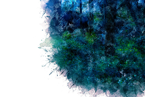 Watercolor drawing, illustration. Fabulous blue flower with small lights in the middle of a wild forest.