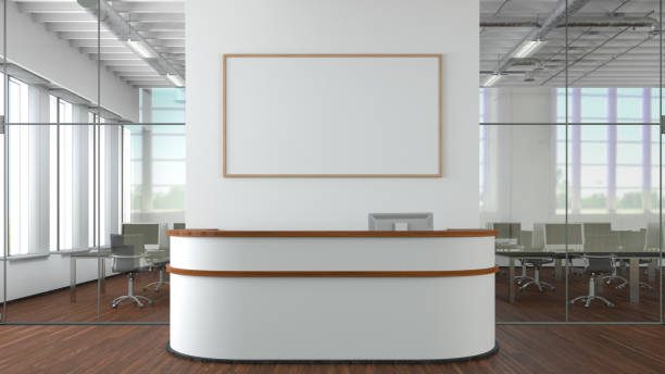 Blank horizontal poster mock up on the wall above office reception desk