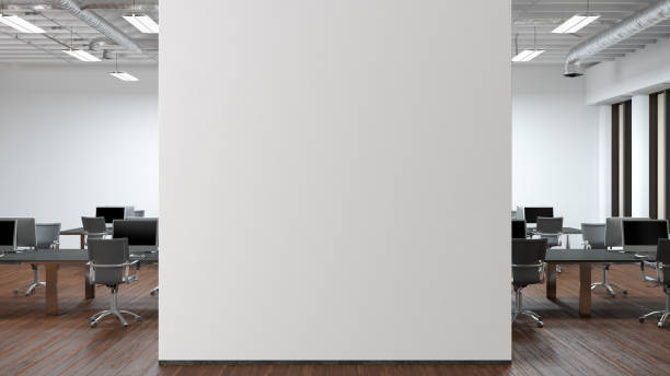 istock Blank white office wall mock up in modern office interior. 1442837345