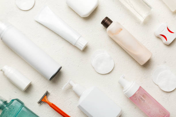 istock Mockup for bathing products top view flat lay, spa razor, toothpaste, soap, gel and other various accessories. Cosmetics for skin health. Bath Mockup for your logo 1442837381