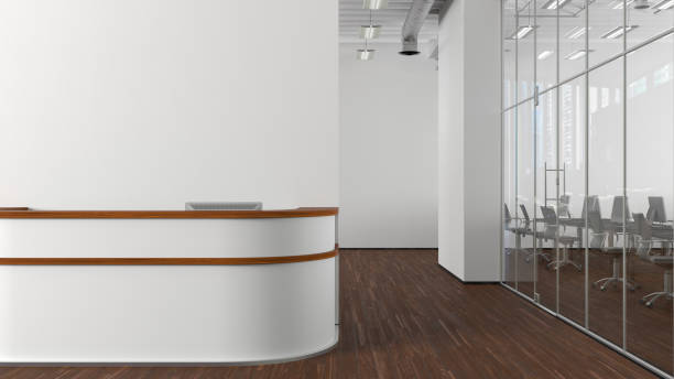 istock Blank white office wall mock up with office reception desk. 1442837388