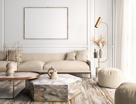 Diseño interior de apartamento moderno, sala de estar con sofá y mesas de centro Renderizado 3D photo
