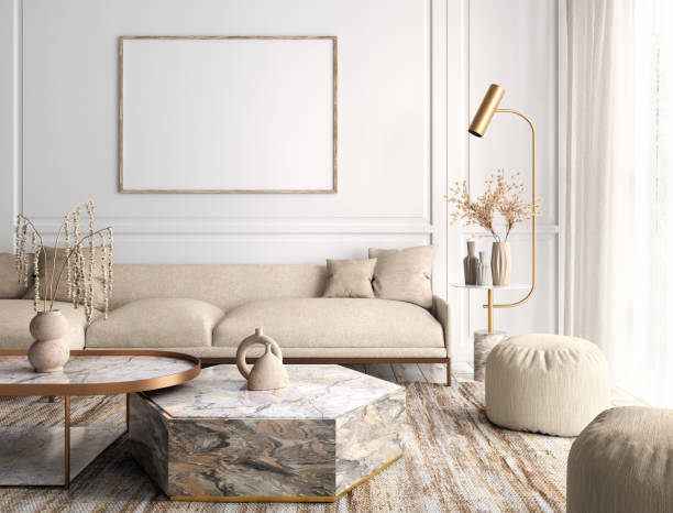 Interior design of modern apartment, living room with sofa and coffee tables 3d rendering Modern interior design of apartment, living room with beige sofa, marble coffee tables. Empty poster on the wall. 3d rendering copper wall stock pictures, royalty-free photos & images