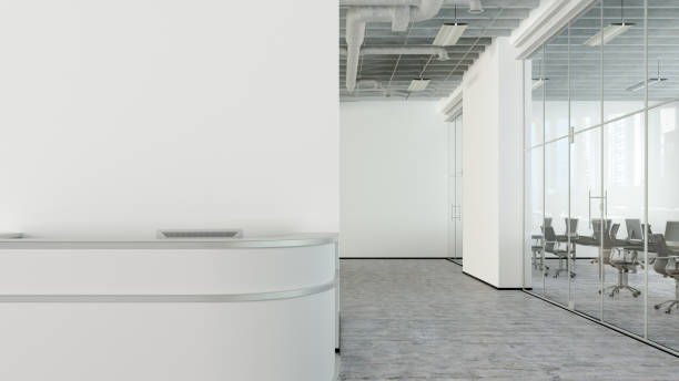 istock Blank white office wall mock up with office reception desk. 1442837503