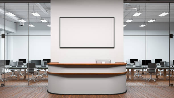 istock Blank horizontal poster mock up on the wall above office reception desk 1442837647