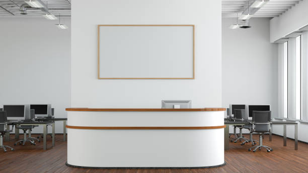 istock Blank horizontal poster mock up on the wall above office reception desk 1442837665