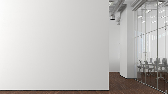 Blank white office wall mock up in modern office interior. 3d illustration