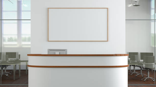 istock Blank horizontal poster mock up on the wall above office reception desk 1442837709