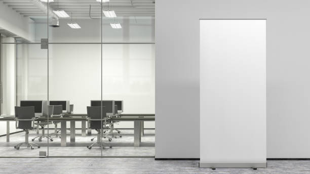 istock Blank roll up banner stand mock up in modern office. 1442837730