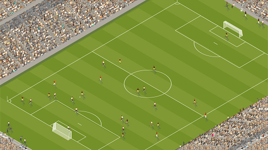 This extremely detailed overhead scene of a soccer game includes hundreds of people in the stands and playing on the field. A team in white and black uniforms faces a team in black and yellow, while officials watch closely. Fans fill the stadium seats, framing the illustration. Note that no specific people, places, teams, or organizations are represented in this drawing. Vector illustration is presented in isometric view.