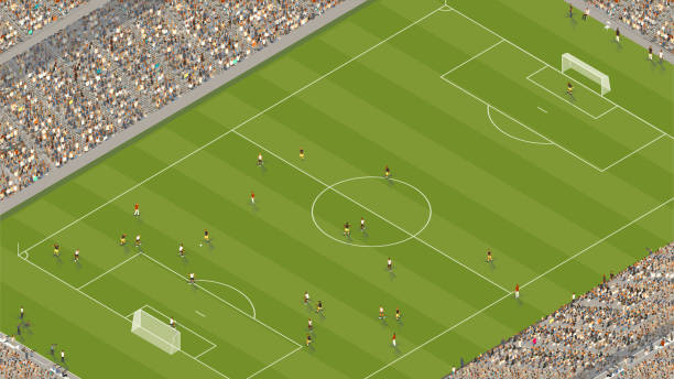 Soccer Game Illustration This extremely detailed overhead scene of a soccer game includes hundreds of people in the stands and playing on the field. A team in white and black uniforms faces a team in black and yellow, while officials watch closely. Fans fill the stadium seats, framing the illustration. Note that no specific people, places, teams, or organizations are represented in this drawing. Vector illustration is presented in isometric view. men watching soccer game stock illustrations