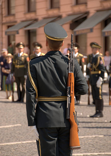 istock Russian soldier parading on Preseren square, Ljubljana 144283790