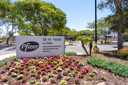 La Jolla, CA,  USA - July 9, 2022: Pfizer La Jolla campus in La Jolla, CA,  USA. Pfizer Inc. is an American multinational pharmaceutical and biotechnology corporation.