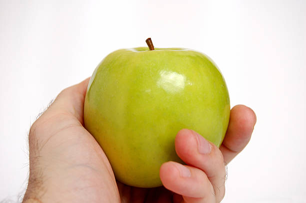 Hand holding an apple stock photo