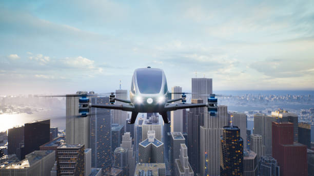 istock Autonomous driverless aerial vehicle fly across city, 3d render 1442838851
