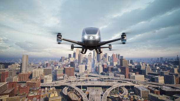 istock Autonomous driverless aerial vehicle fly across city, 3d render 1442838853