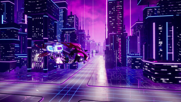 istock Futuristic transport vehicle with metaverse city. 3d render 1442838854