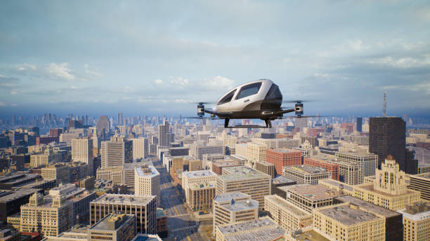 istock Autonomous driverless aerial vehicle fly across city, 3d render 1442838855