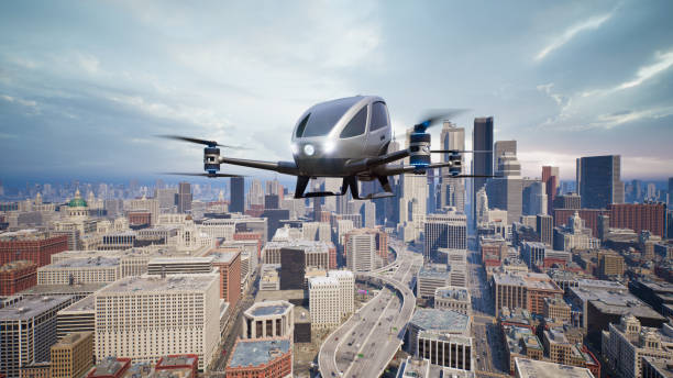 istock Autonomous driverless aerial vehicle fly across city, 3d render 1442838859