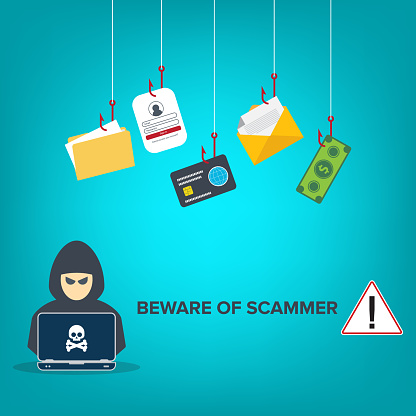 Beware of scammer. Hacker with laptop computer stealing confidential data, personal information and credit card detail. Hacking concept.
