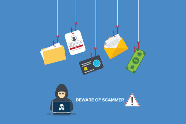 Beware of scammer. Hacker with laptop computer stealing confidential data, personal information and credit card detail. Hacking concept. Beware of scammer. Hacker with laptop computer stealing confidential data, personal information and credit card detail. Hacking concept. email scam stock illustrations