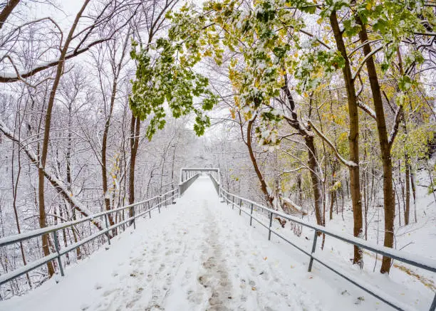 Pedestrian path and bridge with foot prints and remaining yellow and green tree foliage in winter season's first snow in Toronto