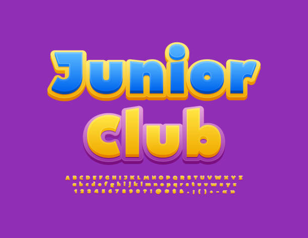 illustrazioni stock, clip art, cartoni animati e icone di tendenza di badge luminoso vettoriale junior club con simpatici set di lettere, numeri e simboli dell'alfabeto - categoria juniores