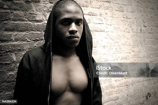 Muscular Black Man Against Brick Wall Stock Photo - Download Image Now - Abandoned, Abdomen, Absence