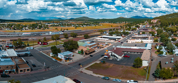 Williams, Arizona, USA: October 24, 2022: Aeria lview of the cowboy route 66 town of  Williams, one of the cities on the famous route 66