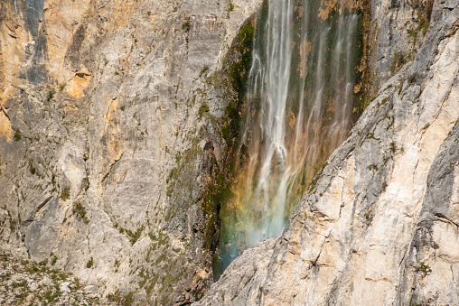 Iconic Boka waterfall in the Soca valley in the Julian Alps, Slovenia